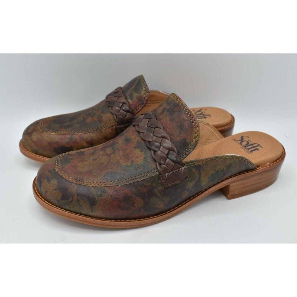 Sofft Womens Size 7.5 Nels Taupe Floral‎ Leather Slip On Loafer Mules Shoes